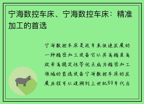 宁海数控车床、宁海数控车床：精准加工的首选